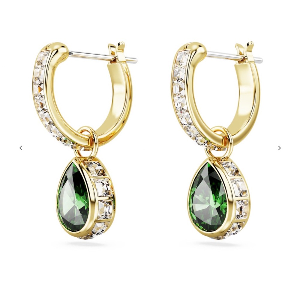 Swarovski chrome drop green pear cut gold tone plated drop earrings